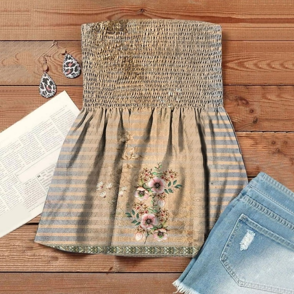 Floral Print Sleeveless Bandeau Pleated Top